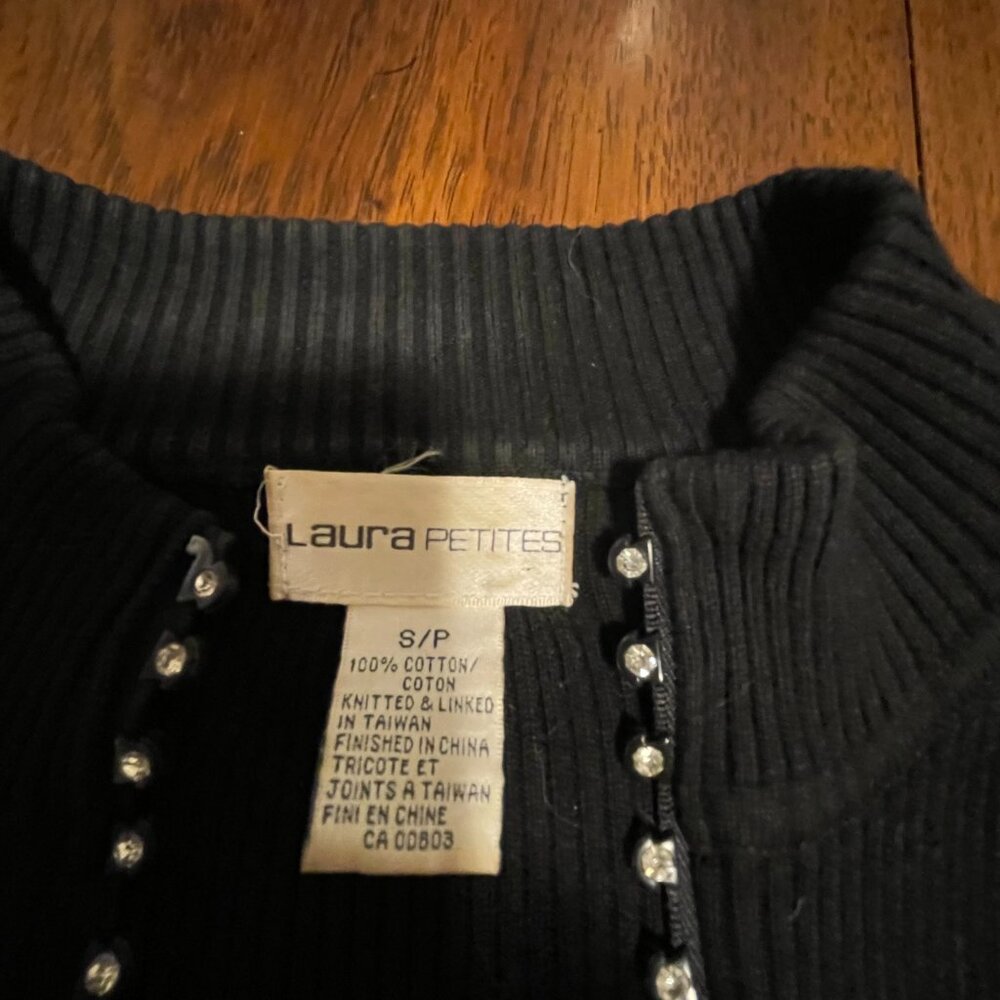 Black Ribbed Zip-Up Cardigan with Rhinestone Trim - Picture 2 of 3
